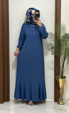 1010 K 110 INDIGO fitilli atlas kumaş önü düğmeli buyuk beden elbise yeni sezon