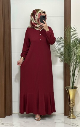 1010 K 110 BORDO fitilli atlas kumaş önü düğmeli buyuk beden elbise yeni sezon