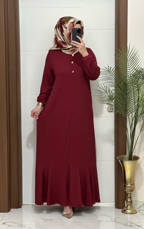 1010 K 110 BORDO fitilli atlas kumaş önü düğmeli buyuk beden elbise yeni sezon - 1