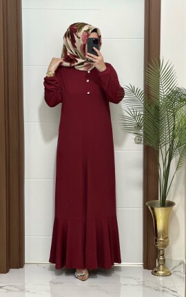 1010 K 110 BORDO fitilli atlas kumaş önü düğmeli buyuk beden elbise yeni sezon - 2