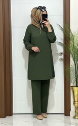 1035 K120 HAKİ FERMUARLI tunik pantolon aerobin kumaş  ikili takım buyuk beden yeni sezon - 2