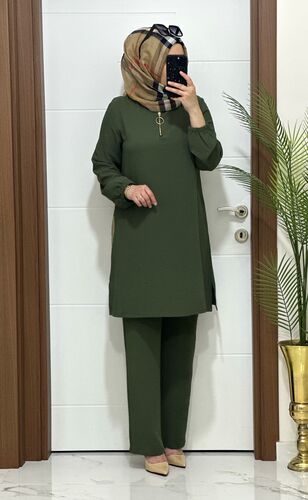 1035 K120 HAKİ FERMUARLI tunik pantolon aerobin kumaş  ikili takım buyuk beden yeni sezon · 2