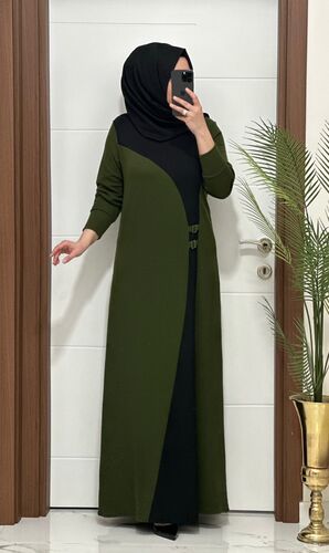 3390  K 100 haki KURDELA detay fitilli atlas kumaş   buyuk beden elbise yeni sezon · 2