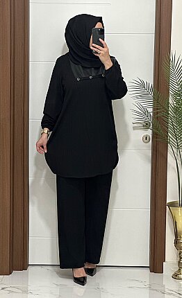 1233 K 125 siyah fitilli burgu kumaş deri detaylı tunik pantolon takım buyuk beden yeni sezon