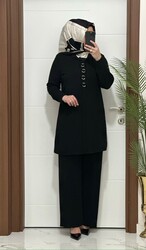 2850 K 140 SİYAH fitilli burgu kumaş tunik pantolon takım halka detay buyuk beden yeni sezon - 2