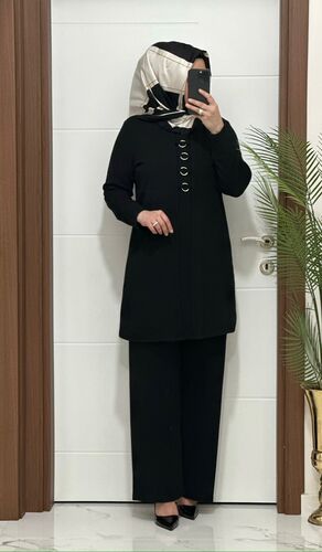 2850  K 140 SİYAH fitilli burgu kumaş tunik pantolon takım halka detay  buyuk beden  yeni sezon · 2