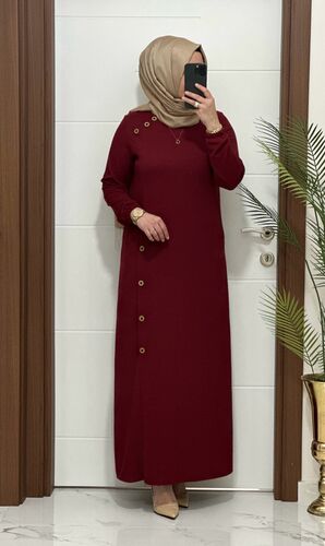 1777  K 100 BORDO omuzu düğme detay fitilli atlas kumaş Büyük beden elbise yeni sezon · 3