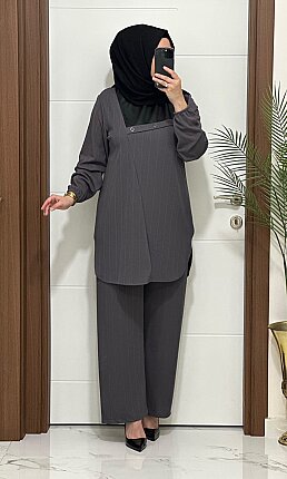 1233 K 125 gri fitilli burgu kumaş deri detaylı tunik pantolon takım buyuk beden yeni sezon