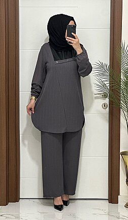 1233 K 125 gri fitilli burgu kumaş deri detaylı tunik pantolon takım buyuk beden yeni sezon - 2