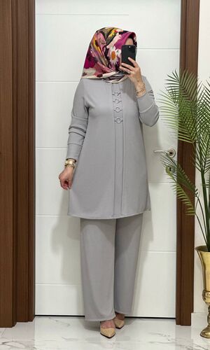 2850  K 140 açık gri fitilli burgu kumaş tunik pantolon takım halka detay  buyuk beden  yeni sezon - 2