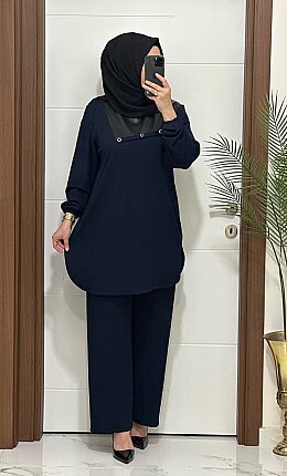 1233 K 125 lacivert fitilli burgu kumaş deri detaylı tunik pantolon takım buyuk beden yeni sezon
