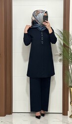 2850 K 140 lacivert fitilli burgu kumaş tunik pantolon takım halka detay buyuk beden yeni sezon - 1