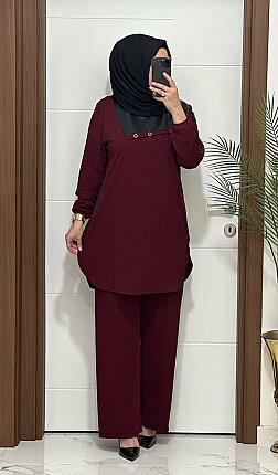 1233 K 125 bordo fitilli burgu kumaş deri detaylı tunik pantolon takım buyuk beden yeni sezon