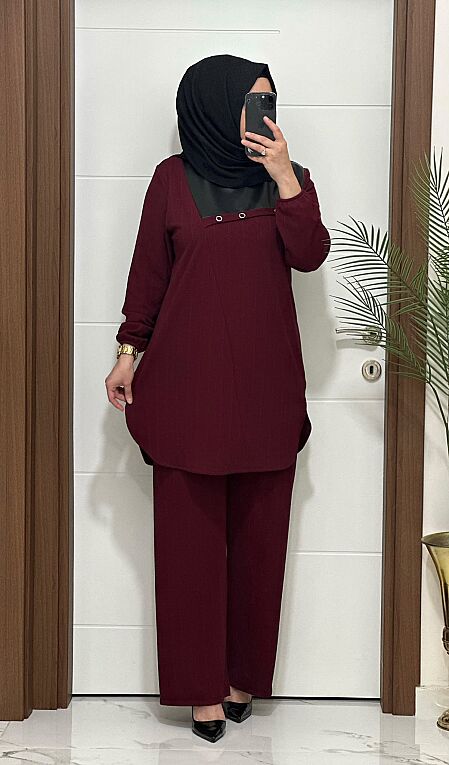 1233  K 125 bordo fitilli burgu kumaş deri detaylı tunik pantolon takım buyuk beden  yeni sezon  - 1