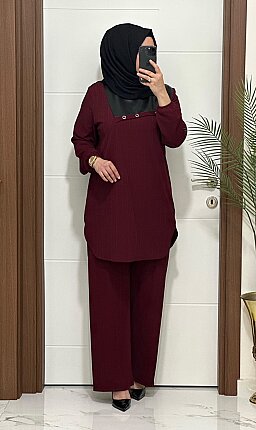 1233  K 125 bordo fitilli burgu kumaş deri detaylı tunik pantolon takım buyuk beden  yeni sezon  - 2
