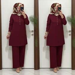 2850 K 140 bordo  fitilli burgu kumaş tunik pantolon takım halka detay  buyuk beden  yeni sezon - 3