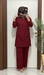 3370 K 90 bordo düğme detay fitilli burgu kumaş tunik pantolon takım buyuk beden yeni sezon - 1