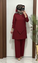 3370 K 90 bordo düğme detay fitilli burgu kumaş tunik pantolon takım buyuk beden yeni sezon - 2