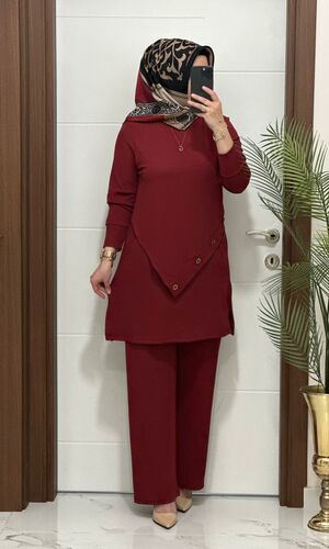 3370 K 90 bordo düğme detay  fitilli burgu kumaş tunik pantolon takım buyuk beden  yeni sezon · 2