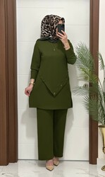 3370 K 90 haki  düğme detay  fitilli burgu kumaş tunik pantolon takım buyuk beden  yeni sezon - 1