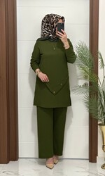 3370 K 90 haki  düğme detay  fitilli burgu kumaş tunik pantolon takım buyuk beden  yeni sezon - 2