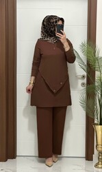3370  K 90 kahverengi düğme detay  fitilli burgu kumaş tunik pantolon takım buyuk beden  yeni sezon - 2
