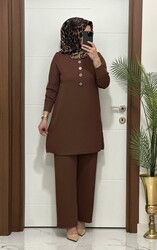 7044 K 90 kahverengi DÜĞMELİ fitilli burgu kumaş tunik pantolon takım  buyuk beden  yeni sezon - 1