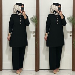 7044  K 90 SİYAH DÜĞMELİ fitilli burgu kumaş tunik pantolon takım  buyuk beden  yeni sezon - 1