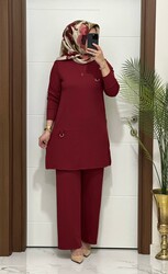 1333 K 90 bordo tokalı  fitilli burgu kumaş tunik pantolon takım buyuk beden  yeni sezon - 2
