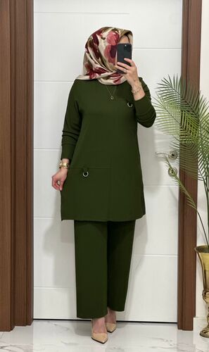 1333 K 90 haki tokalı fitilli burgu kumaş tunik pantolon takım buyuk beden yeni sezon