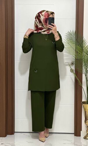 1333 K 90 haki tokalı fitilli burgu kumaş tunik pantolon takım buyuk beden yeni sezon - 2