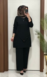 3370 K 90 siyah  düğme detay  fitilli burgu kumaş tunik pantolon takım buyuk beden  yeni sezon - 1