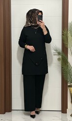 3370 K 90 siyah  düğme detay  fitilli burgu kumaş tunik pantolon takım buyuk beden  yeni sezon - 2