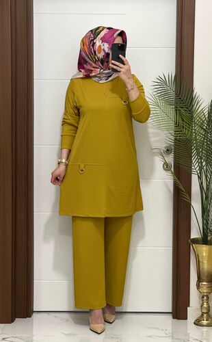 1333K 90 hardal tokalı  fitilli burgu kumaş tunik pantolon takım buyuk beden  yeni sezon · 2