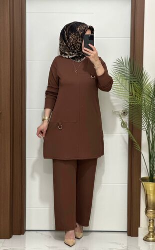 1333 K 90 kahverengi tokalı fitilli burgu kumaş tunik pantolon takım buyuk beden yeni sezon - 2