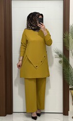 3370 K 90 hardal düğme detay fitilli burgu kumaş tunik pantolon takım buyuk beden yeni sezon - 1