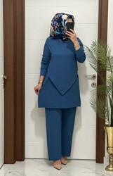 3370 K 90 indigo düğme detay  fitilli burgu kumaş tunik pantolon takım  buyuk beden  yeni sezon - 2