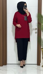 6699 K80 BORDO LEOPAR CEP DETAYLI tunik pantolon KREP Kumaş  ikili takım buyuk beden yeni sezon - 1
