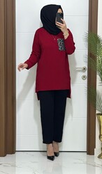 6699 K80 BORDO LEOPAR CEP DETAYLI tunik pantolon KREP Kumaş  ikili takım buyuk beden yeni sezon - 2
