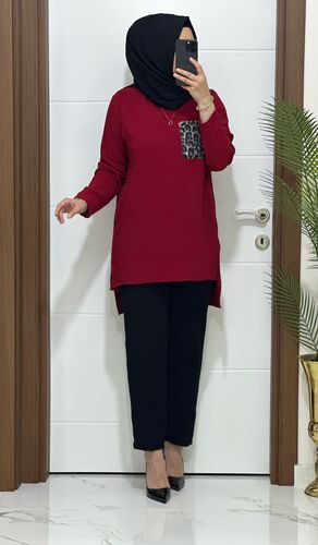 6699 K80 BORDO LEOPAR CEP DETAYLI tunik pantolon KREP Kumaş  ikili takım buyuk beden yeni sezon · 2