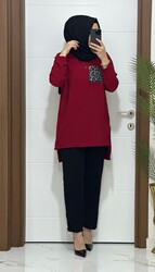 6699 K80 BORDO LEOPAR CEP DETAYLI tunik pantolon KREP Kumaş  ikili takım buyuk beden yeni sezon - 3