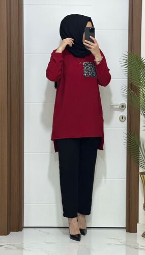 6699 K80 BORDO LEOPAR CEP DETAYLI tunik pantolon KREP Kumaş  ikili takım buyuk beden yeni sezon · 3