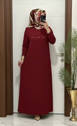 1444  K 100 bordo   ILAYDA halkalı model fitilli burgu kumaş buyuk beden elbise yeni sezon - 1