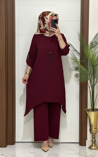 5999 K90 BORDO kolyeli tunik pantolon aerobın Kumaş ikili takım buyuk beden yeni sezon - 1
