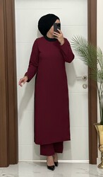 8811 K120 BORDO yanları garnili tunik pantolon aerobın Kumaş ikili takım buyuk beden - 1