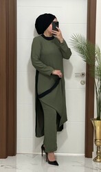 8811 K120 HAKİ garnili  tunik pantolon aerobın Kumaş  ikili takım buyuk beden - 1