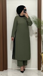 8811 K120 HAKİ garnili  tunik pantolon aerobın Kumaş  ikili takım buyuk beden - 2