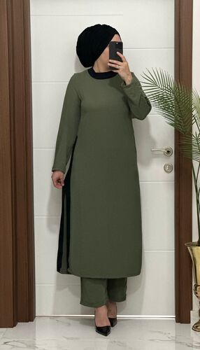 8811 K120 HAKİ garnili  tunik pantolon aerobın Kumaş  ikili takım buyuk beden · 2