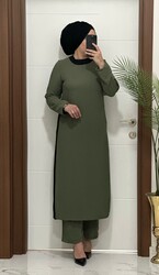 8811 K120 HAKİ garnili  tunik pantolon aerobın Kumaş  ikili takım buyuk beden - 3