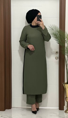 8811 K120 HAKİ garnili  tunik pantolon aerobın Kumaş  ikili takım buyuk beden · 3